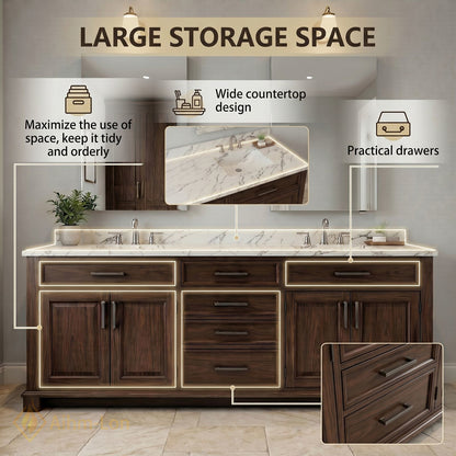70''-96'' Elegant Bathroom Vanity with Sink Dark Wood Marble Deep Drawers Cabinet