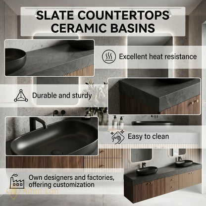60''-96'' Double Bathroom Vanity with Sink Dark Stone Top Warm Wood Cabinet