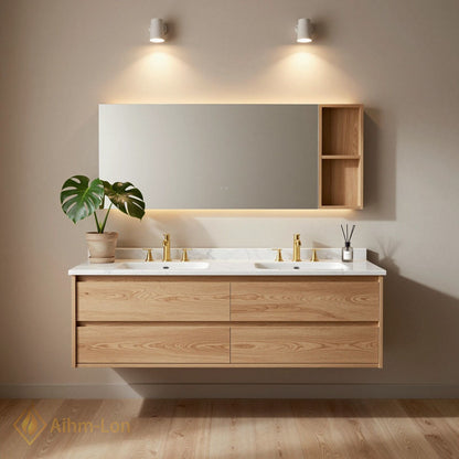 60''-96'' Modern Bathroom Vanity with Sink Floating Marble Wooden Frame Anti-Fog Mirror