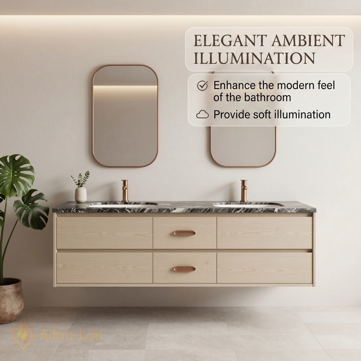60''-96'' Modern Bathroom Vanity with Sink Floating Dark Marble Copper Anti-Fog Mirror
