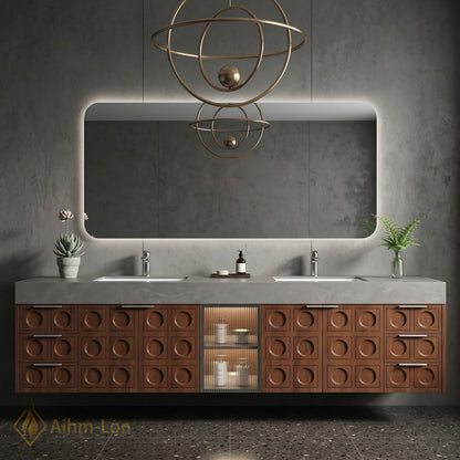 76''-96'' Double Bathroom Vanity with Sink Geometric Relief Doors Solid Wood Frame