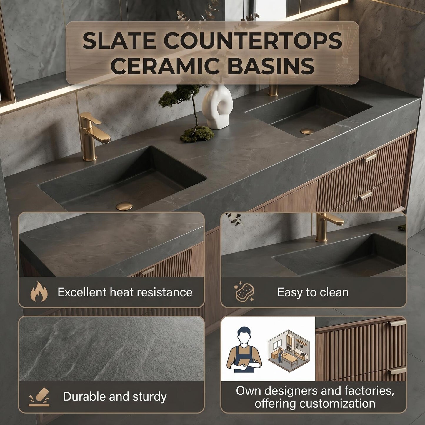 60''-96'' Modern Bathroom Vanity with Sink Dual Basins Warm Walnut Grain Storage Cabinet