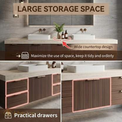 60''-96'' Modern Floating Bathroom Vanity with Sink Slatted Wood Large Mirror Cabinet