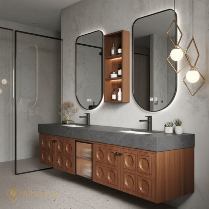 60''-96'' Bathroom Vanity with Sink Grooved Wood Panels Dark Stone Countertop Double