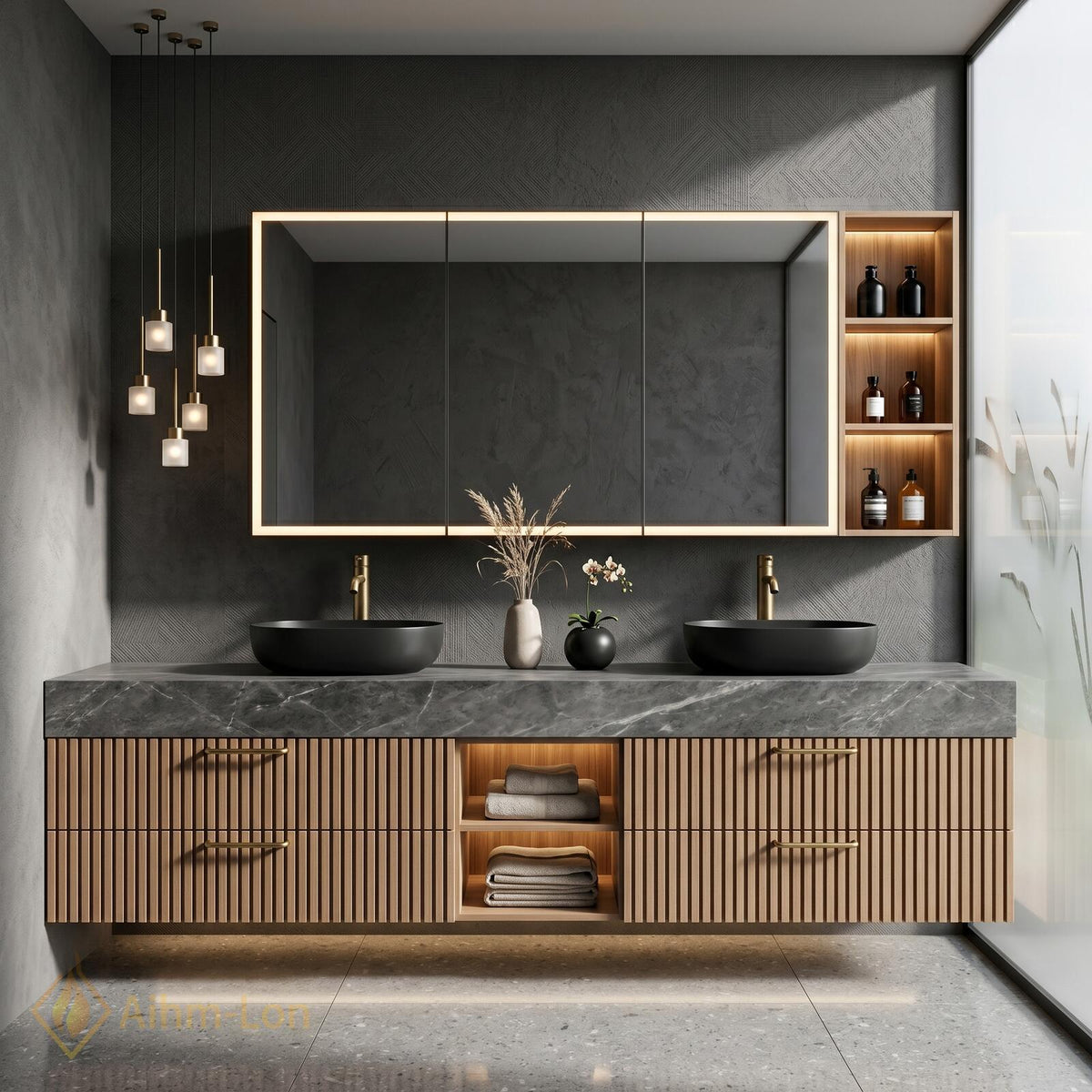 60''-96'' Double Bathroom Vanity with Sink Modern Grey Marble-Look Slatted Panel Front