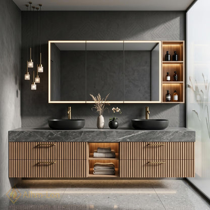 60''-96'' Double Bathroom Vanity with Sink Modern Grey Marble-Look Slatted Panel Front