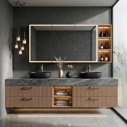60''-96'' Double Bathroom Vanity with Sink Modern Grey Marble-Look Slatted Panel Front