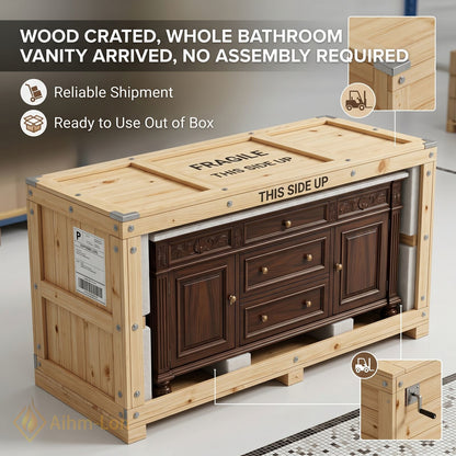 36''-64'' Classic Bathroom Vanity with Sink Dark Wood Carved Drawer Stone Top