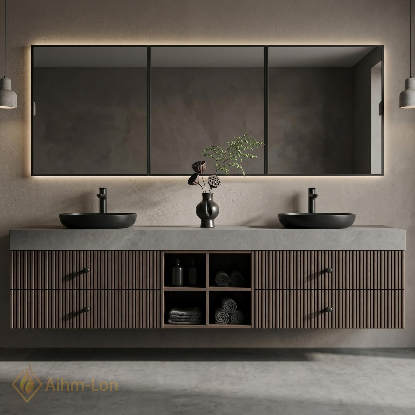 60''-96'' Double Bathroom Vanity with Sink Modern Dark Walnut Slatted Center Panel