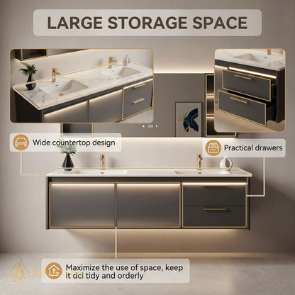 60''-96'' Modern Bathroom Vanity with Sink Double Sink Soft Matte Grey Floating Line Mirror