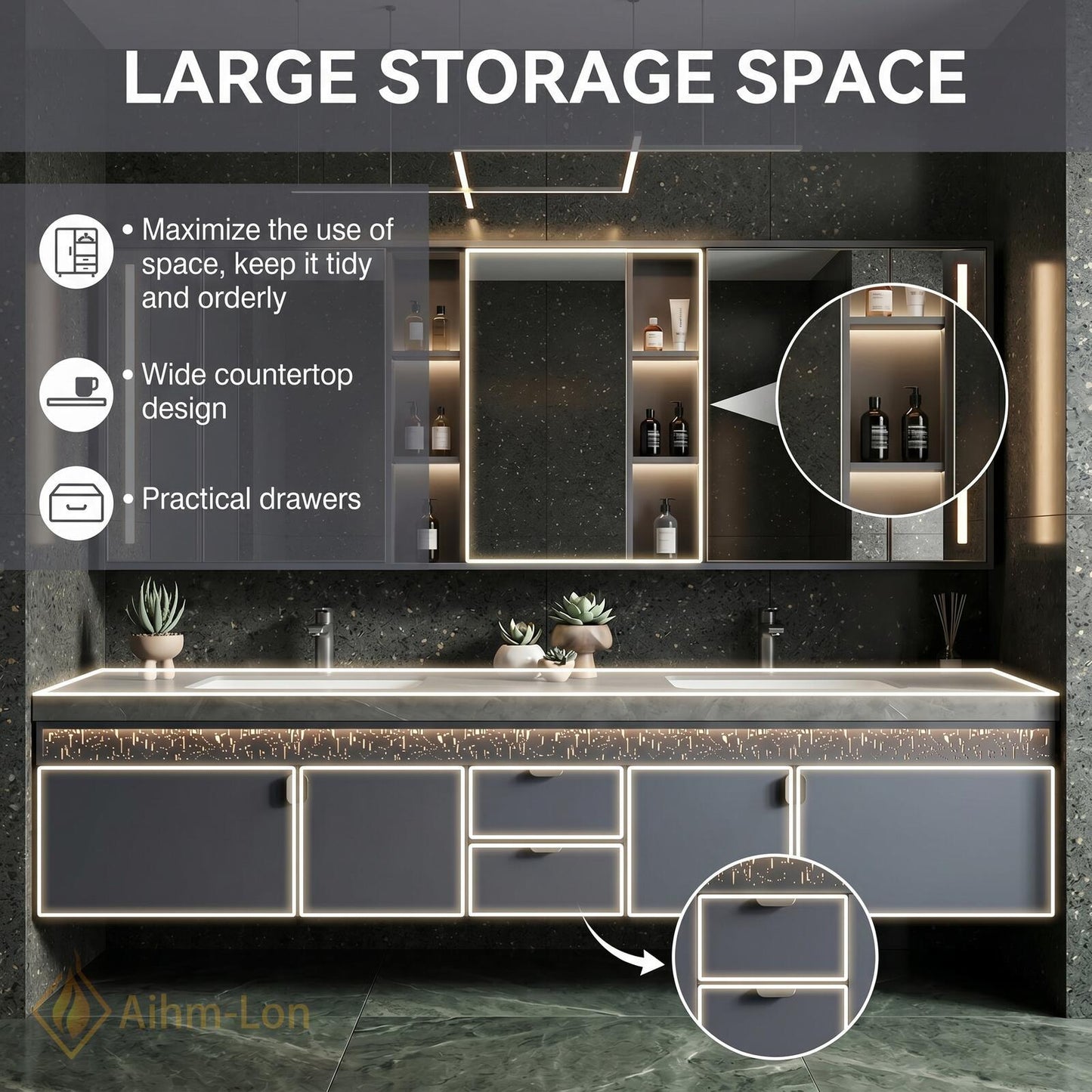 60''-96'' Double Bathroom Vanity with Sink Sleek Wall-Mounted Matte Charcoal Finish Slatted