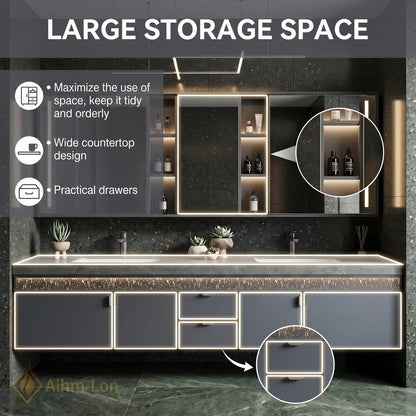 60''-96'' Double Bathroom Vanity with Sink Sleek Wall-Mounted Matte Charcoal Finish Slatted