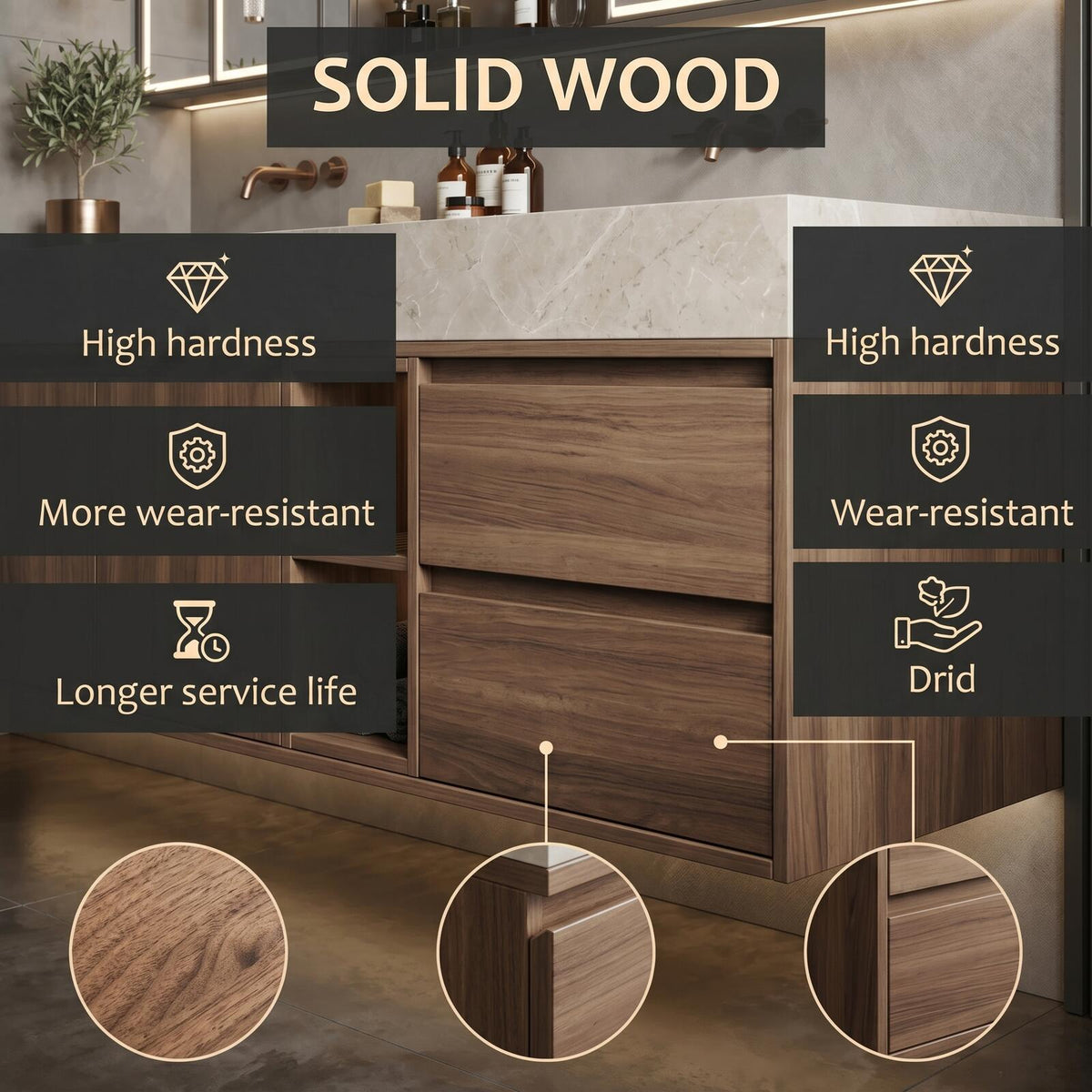 60''-96'' Double Bathroom Vanity with Sink Floating Dark Walnut Slatted Center Open Shelving