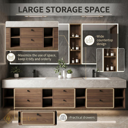 72''-96'' Double Bathroom Vanity with Sink Walnut Modern Floating Stone Countertop Open