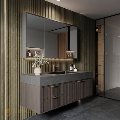 36''-110'' Bathroom Vanity with Sink Modern Ribbed Front Dark Sintered Stone