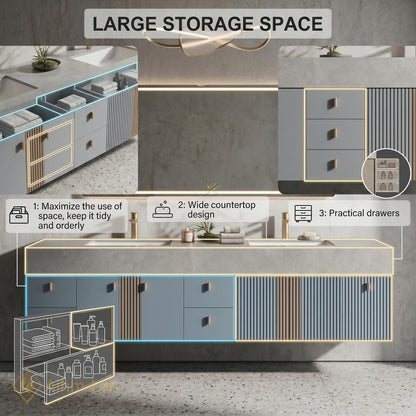 70''-96'' Double Bathroom Vanity with Sink Grey Modern Floating Panels Drawers Soft