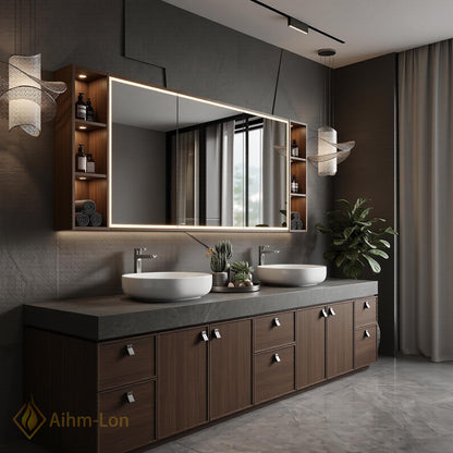 76''-96'' Modern Double Bathroom Vanity with Sink Dark Wood Stone Top Cabinet