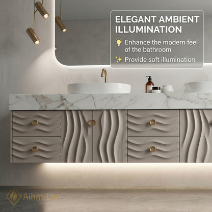 70''-96'' Double Bathroom Vanity with Sink Floating Wave Carve Marble Top Storage