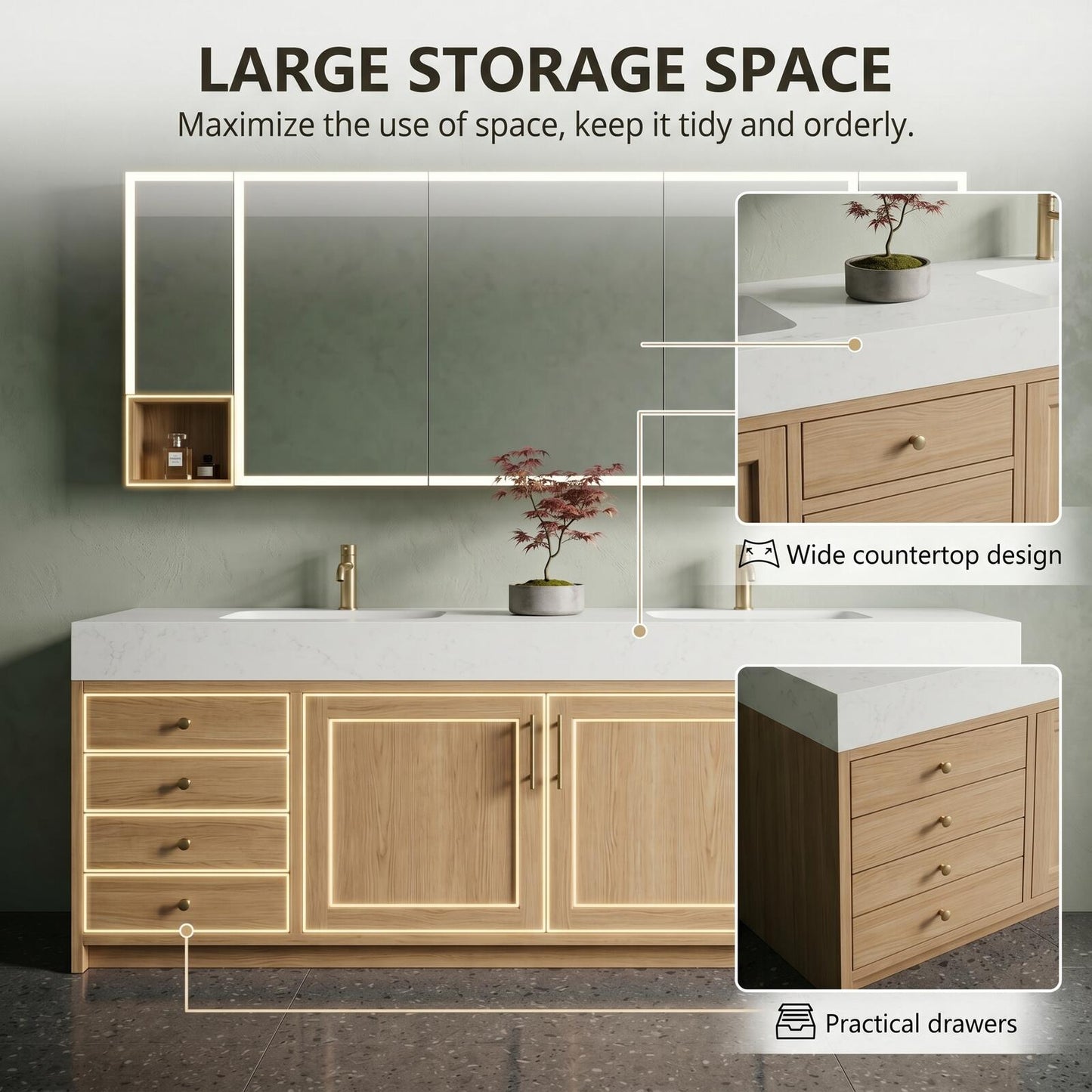 70''-96'' Modern Bathroom Vanity with Sink Double Sink Clean Linen Oak Paneling Drawers Cabinet