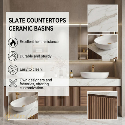 60''-96'' Modern Floating Bathroom Vanity with Sink White Marble Ridged Wood Front