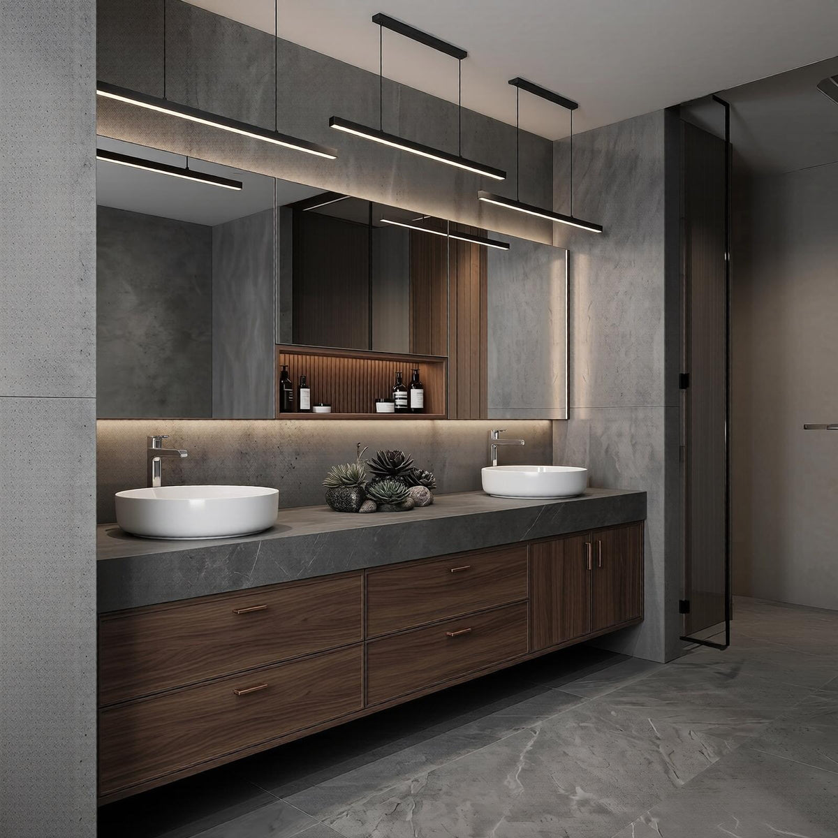 60''-96'' Double Bathroom Vanity with Sink Modern Floating Dark Walnut Slatted Center Panel