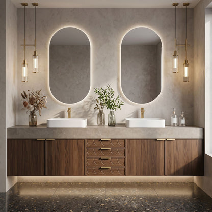 70''-96'' Modern Bathroom Vanity with Sink Floating Dark Wood Grain Fish Scale Drawers