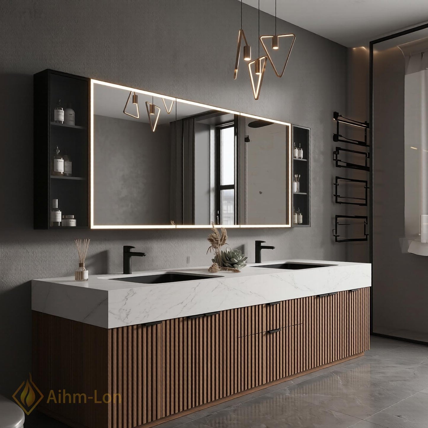 72''-96'' Double Bathroom Vanity with Sink White Modern Marble-Top Mirror Vertical