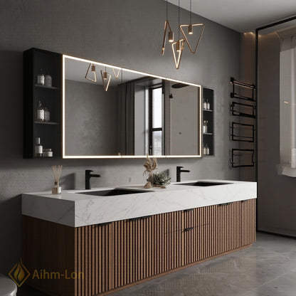 72''-96'' Double Bathroom Vanity with Sink White Modern Marble-Top Mirror Vertical