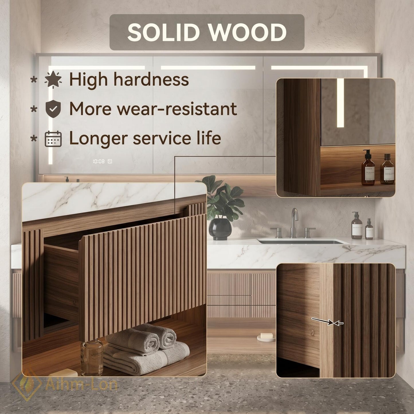 60''-96'' Modern Bathroom Vanity with Sink Double Dark Walnut Slatted Center Panel