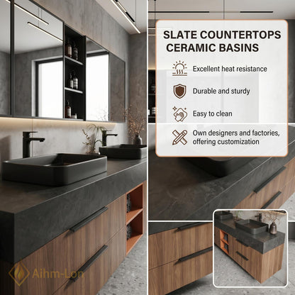 60''-96'' Double Bathroom Vanity with Sink Floating Dark Stone Top Walnut Drawers