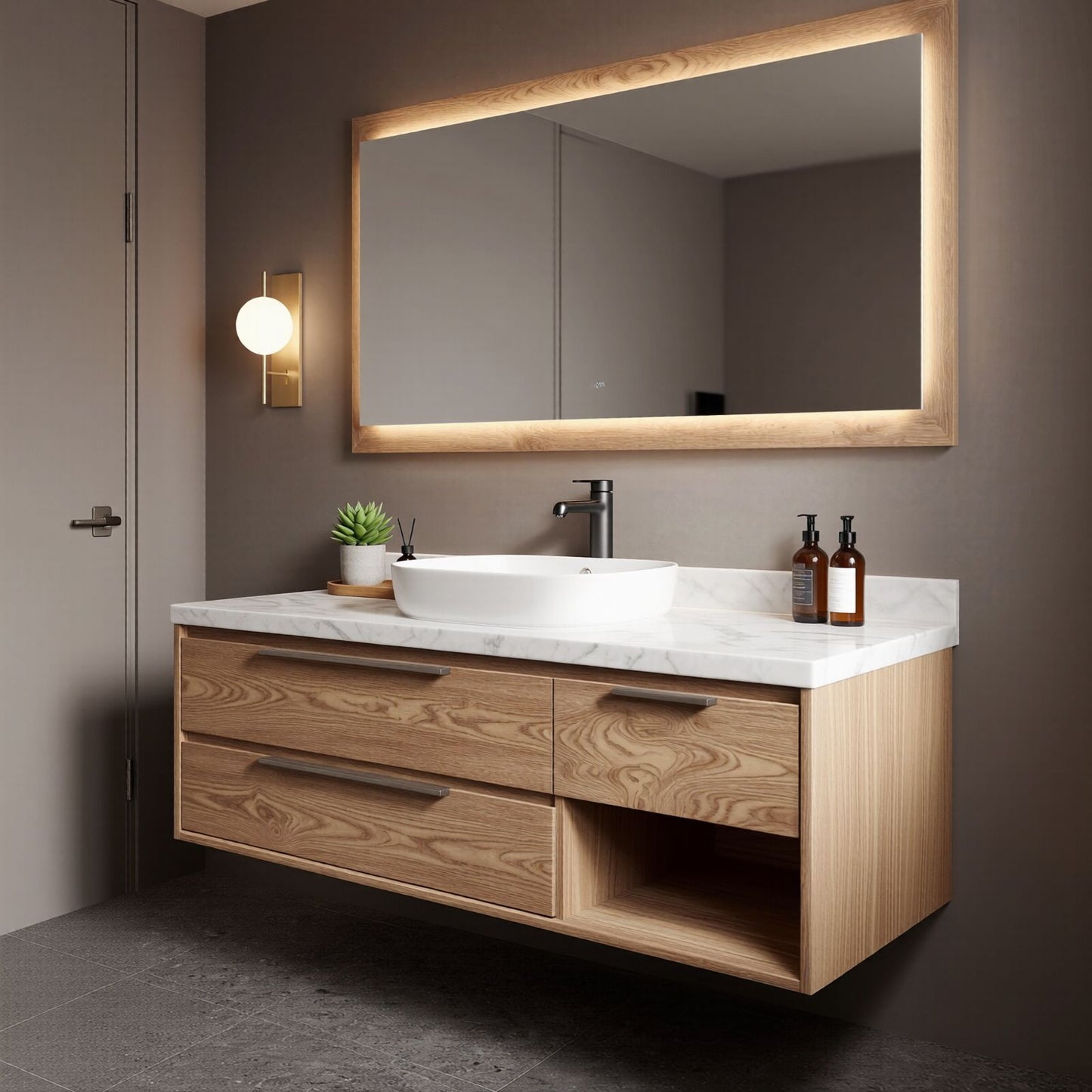 36''-64'' Modern Bathroom Vanity with Sink Marble Oak Floating Wood Grain Drawers
