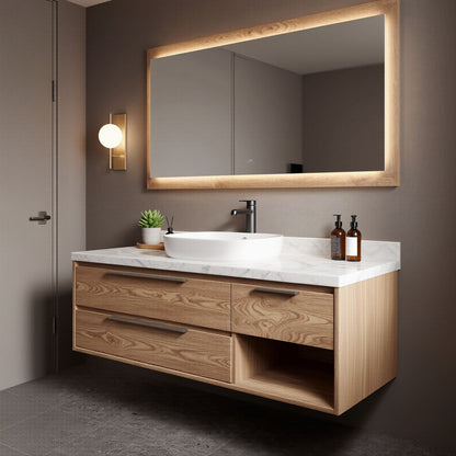 36''-64'' Modern Bathroom Vanity with Sink Marble Oak Floating Wood Grain Drawers