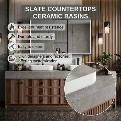 70''-96'' Elegant Bathroom Vanity with Sink Double Sink Slatted Wood Mirror Cabinet