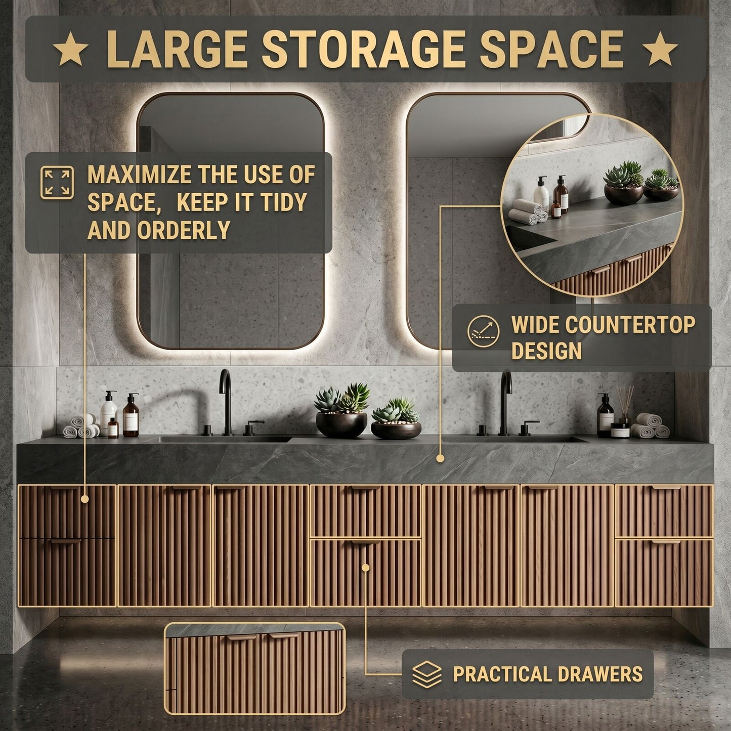 72''-96'' Double Bathroom Vanity with Sink Vertical Slatted Dark Stone Texture Large Drawers