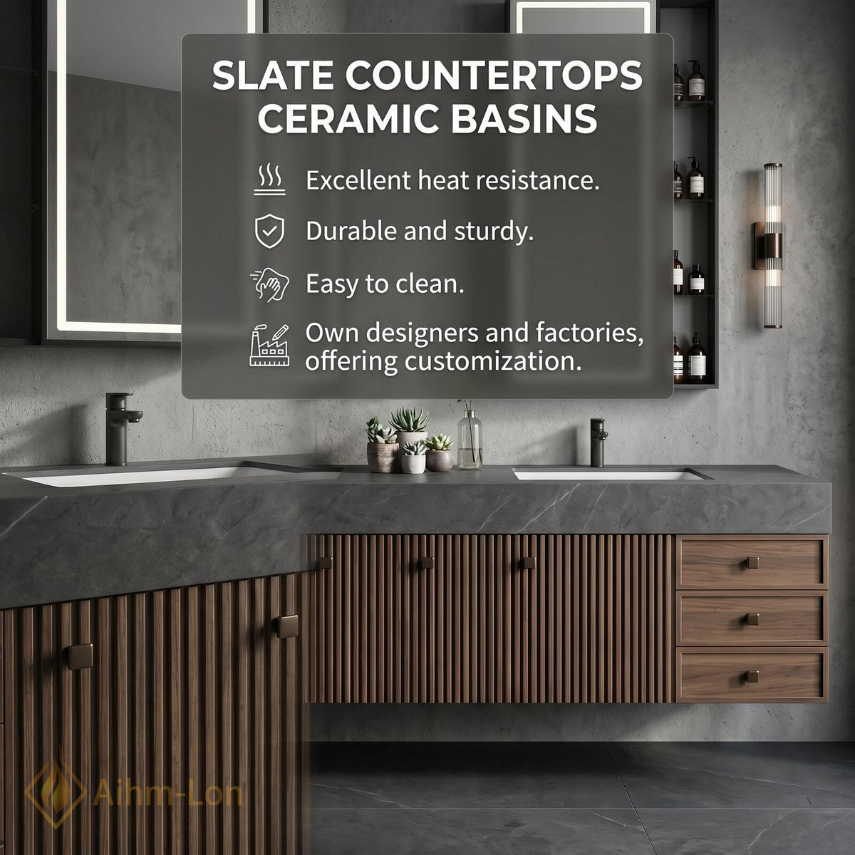 60''-96'' Double Bathroom Vanity with Sink Oak Finish Stone Countertop Storage