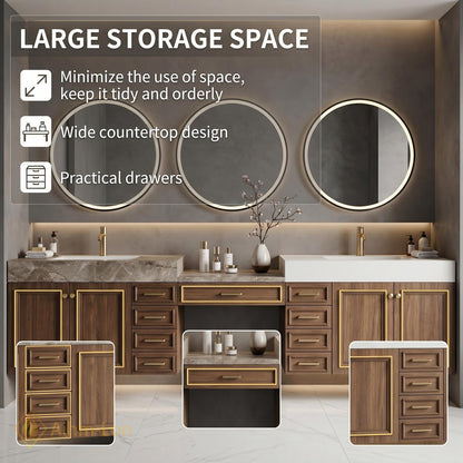 60''-96'' Double Bathroom Vanity with Sink Walnut Floating Modern Triple Woodgrain Finish