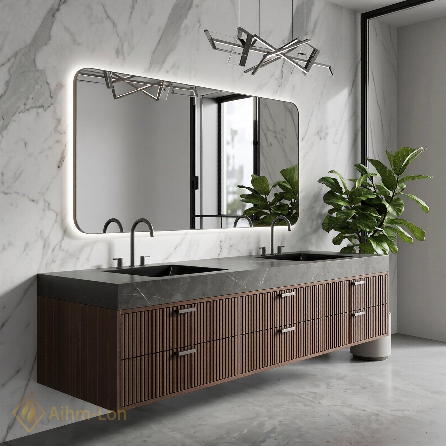 60''-96'' Double Bathroom Vanity with Sink Dark Grey Floating Stone-Top Slatted