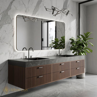 60''-96'' Double Bathroom Vanity with Sink Dark Grey Floating Stone-Top Slatted