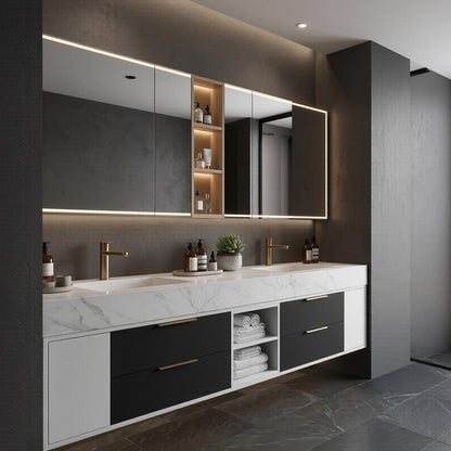 60''-96'' Modern Bathroom Vanity with Sink Double White Marble-Look Stone Top Cabinet