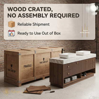 70''-96'' Double Bathroom Vanity with Sink Modern Slatted Wooden Panels Marble Vein