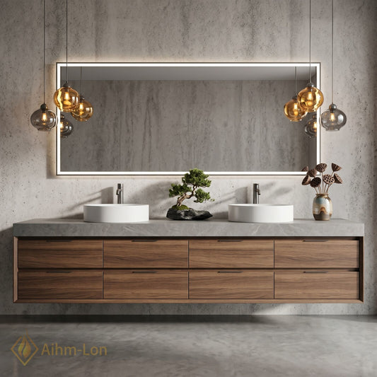 70''-96'' Double Bathroom Vanity with Sink Modern Wood-Grain Vanities Large Marble Texture
