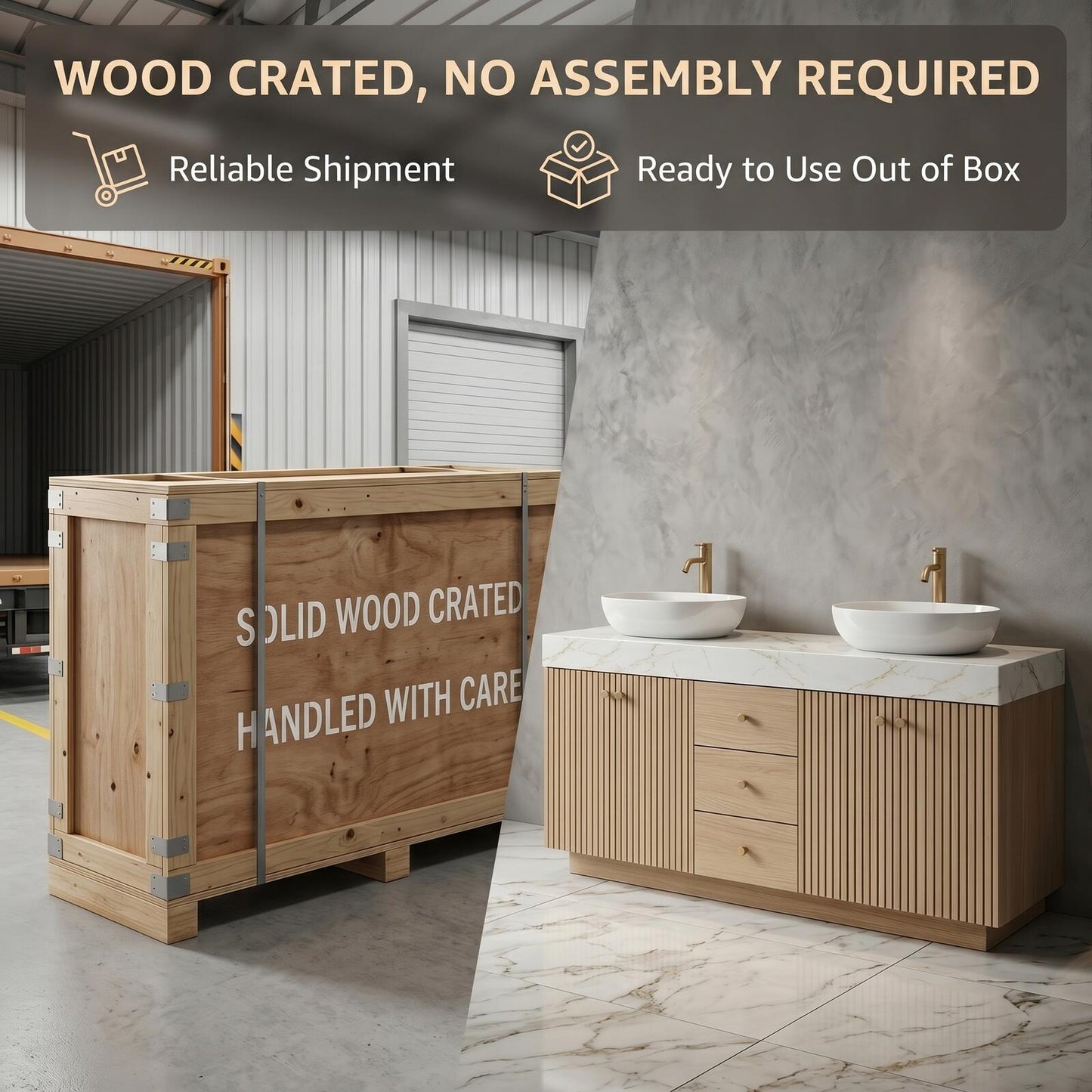 60''-96'' Modern Bathroom Vanity with Sink Double Sink Light Oak Veneer Slatted Niche Cabinet