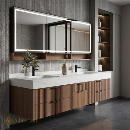 70''-96'' Modern Double Bathroom Vanity with Sink Floating Slatted Doors Warm Walnut