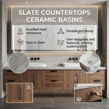 60''-96'' Double Bathroom Vanity with Sink Floating Warm Walnut Grain Mesh Details