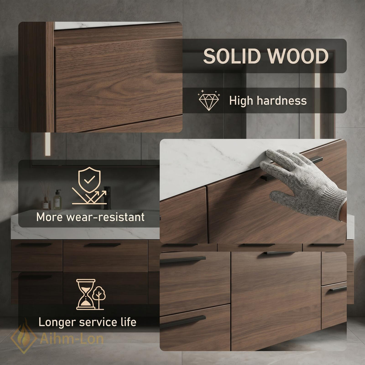60''-96'' Double Bathroom Vanity with Sink Floating White Marble Dark Wood Drawers