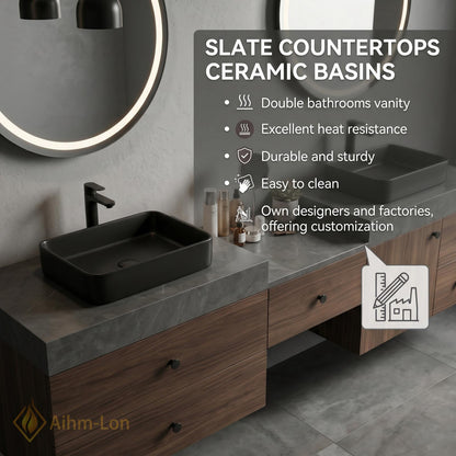 60''-96'' Double Bathroom Vanity with Sink Dark-Wood Modern Floating Grain Slatted