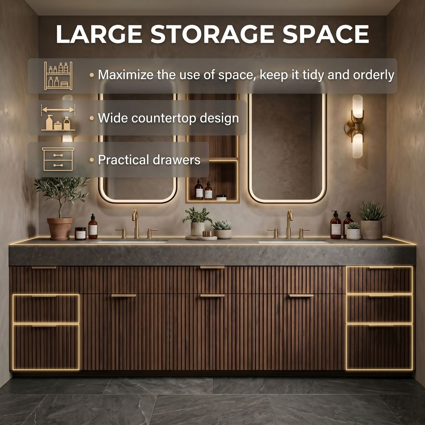72''-96'' Modern Bathroom Vanity with Sink Dark Stone Wood Slatted Doors Shelf Cabinet