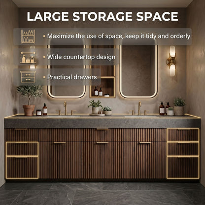 72''-96'' Modern Bathroom Vanity with Sink Dark Stone Wood Slatted Doors Shelf Cabinet