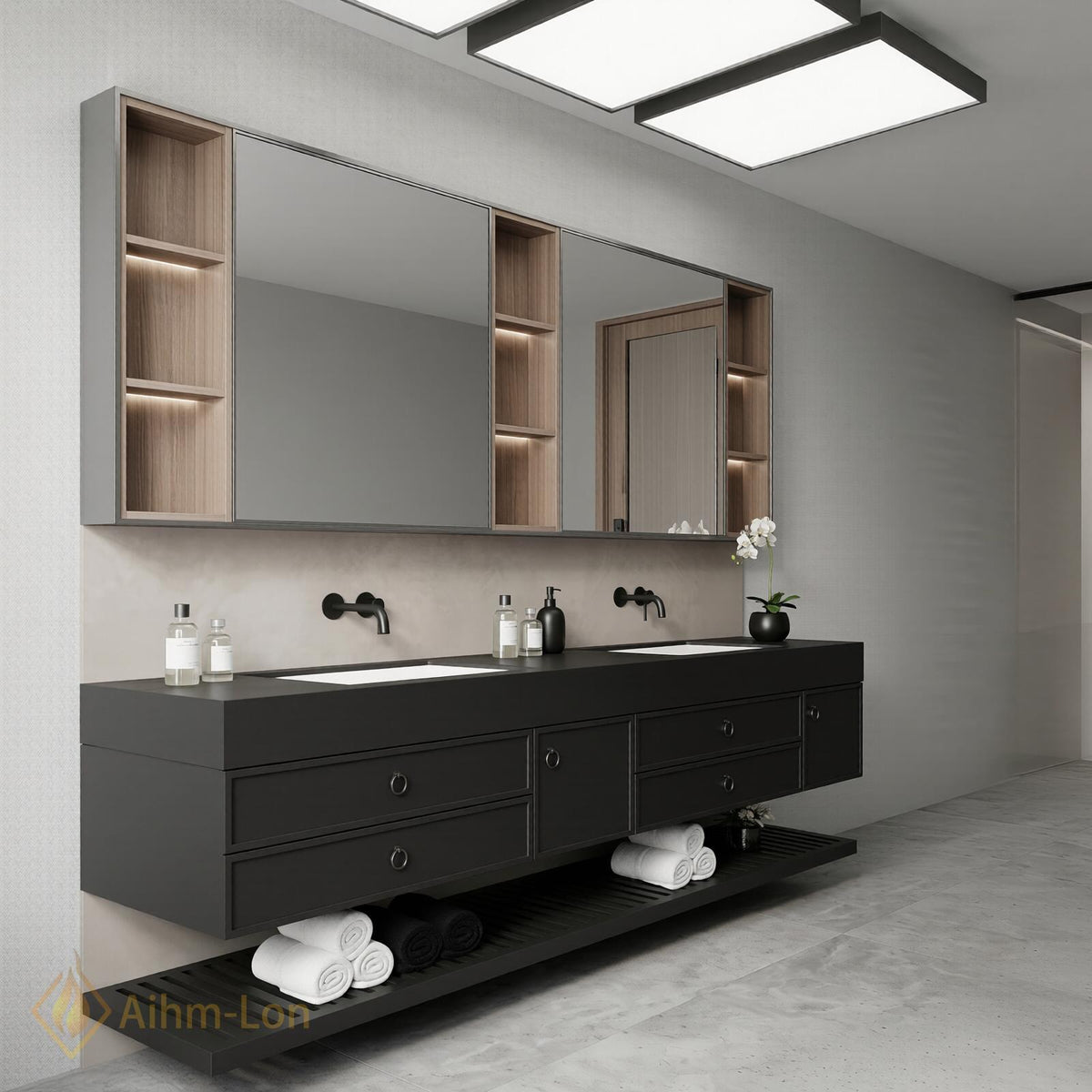 60''-96'' Double Bathroom Vanity with Sink Floating Dark Matte Finish Open Shelving