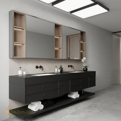 60''-96'' Double Bathroom Vanity with Sink Floating Dark Matte Finish Open Shelving